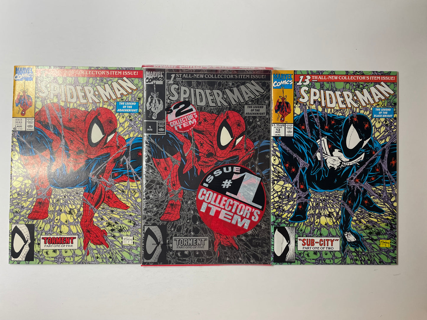 Spider-Man 1 (Silver), Spider-Man 1 (Green), Spider-Man 13 (Marvel 1990) Mcfarlane, 3 Comic Lot